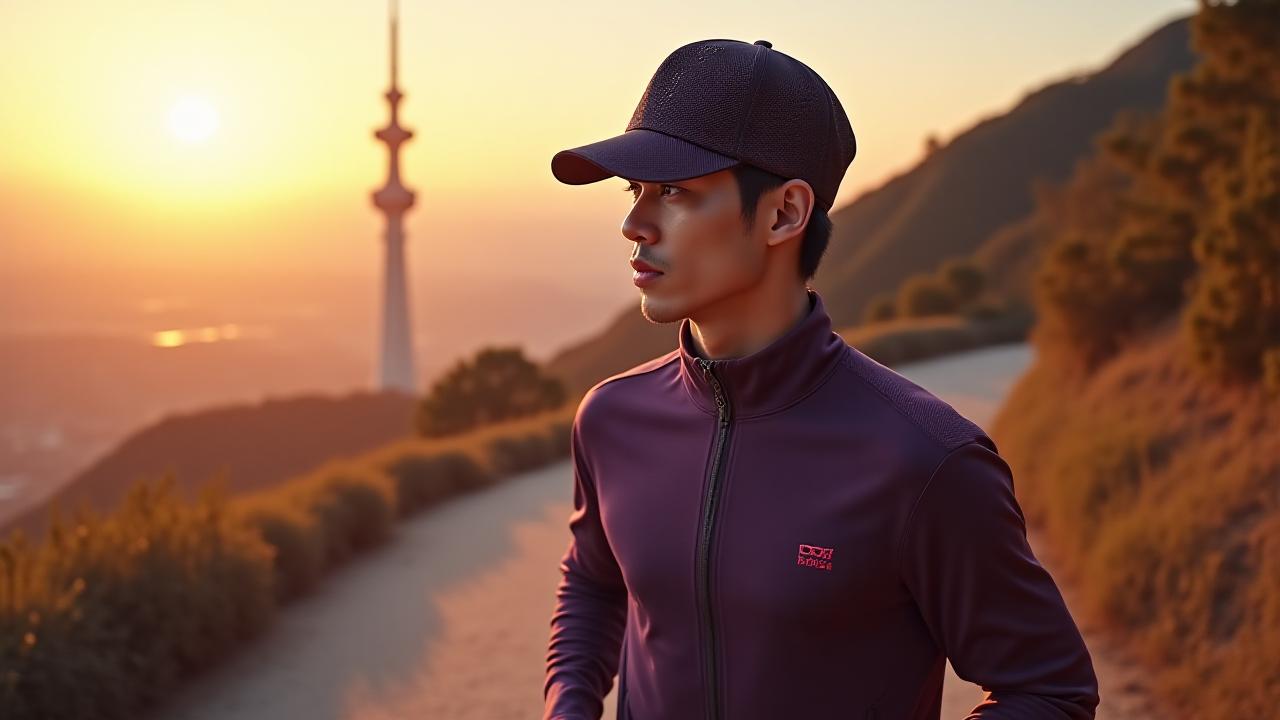 서울 남산 타워 근처에서 러닝 중인 남성이 착용한 기능성 스포츠 캡